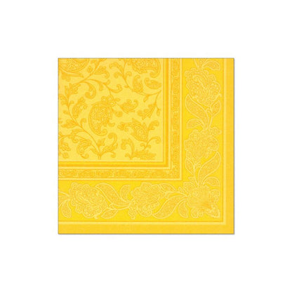 A yellow napkin from the PAPSTAR "ROYAL Collection" with a detailed floral and paisley border beautifully enhances your table decoration.