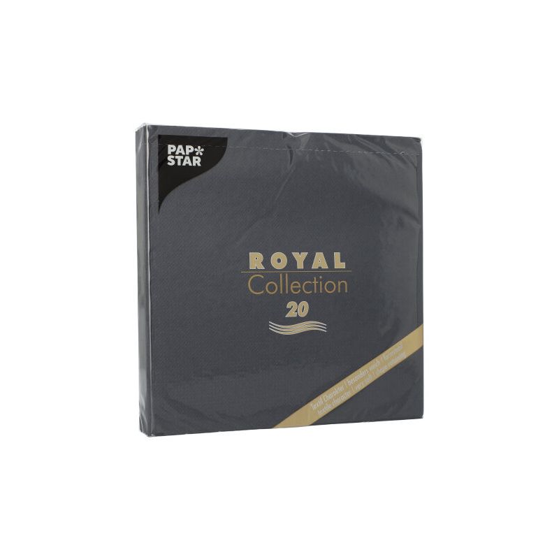 Pictured is a black package PAPSTAR 20 napkins "ROYAL Collection" 1/4-fold (40x40 cm) by PAPSTAR GmbH with golden lettering on a white background - ideal for a stylish table decoration.
