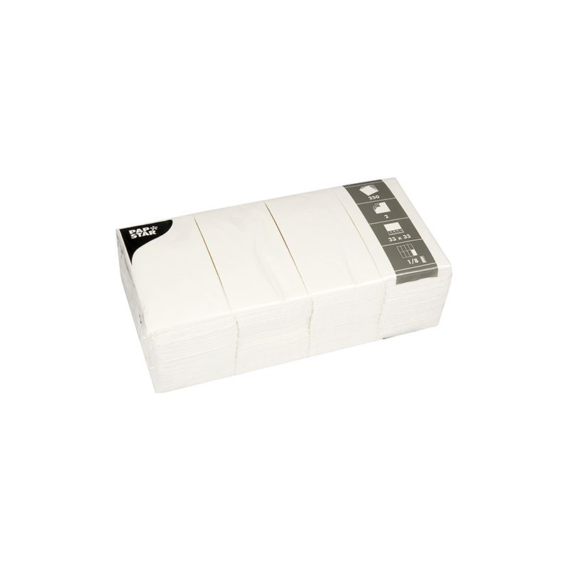 A pack of 250 white, 2-ply PAPSTAR napkins (33x33 cm, 1/8 folded) by PAPSTAR GmbH, packaged in clear plastic with a gray-white label at the top right.