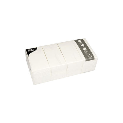 A pack of 250 white, 2-ply PAPSTAR napkins (33x33 cm, 1/8 folded) by PAPSTAR GmbH, packaged in clear plastic with a gray-white label at the top right.