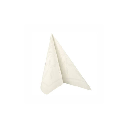A folded white napkin from the PAPSTAR "ROYAL Collection" stands upright against a plain white background. With a subtle floral pattern, this elegant touch enhances any table decoration.