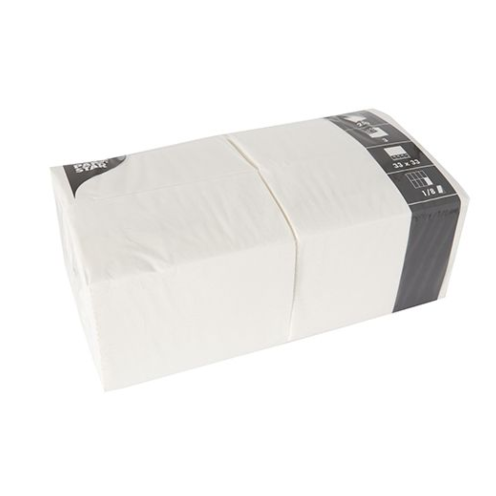 Eine rechteckige Packung PAPSTAR 250 Servietten, 3-lagig 1/8-Falz der PAPSTAR GmbH misst 33 x 33 cm und ist in durchsichtigem Kunststoff mit einem schwarz-weißen Etikett an einem Ende verpackt.