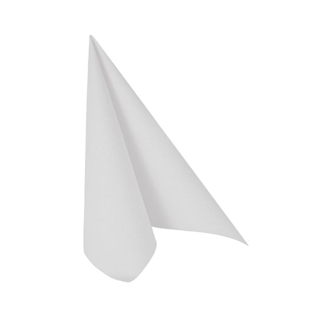 A folded PAPSTAR napkin from the "ROYAL Collection" in white, standing upright against a plain white background.