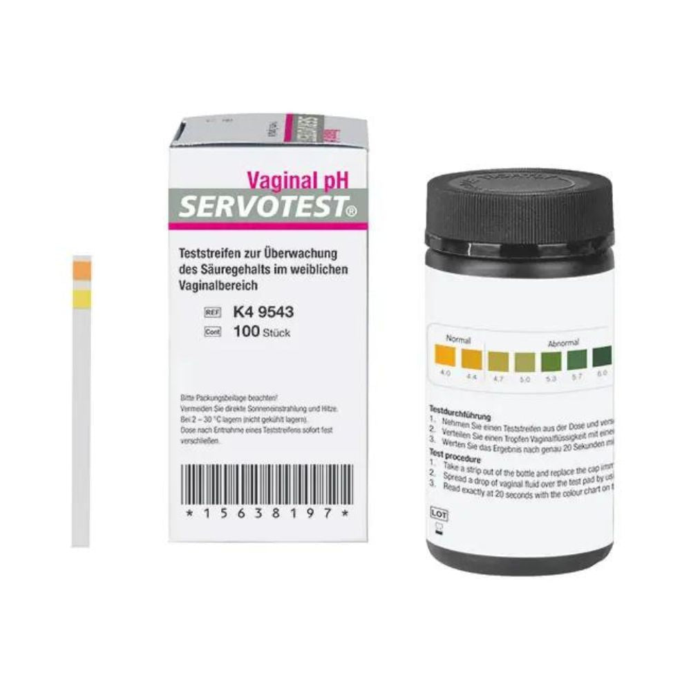 The packaging of the Servotest Vaginal pH indicator strips by Servoprax GmbH contains information in German. Next to the box, a strip is visible. The label on the bottle shows a pH scale indicating normal and abnormal ranges in relation to gynecological health.