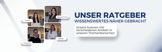 Ein Bild mit vier Porträtfotos von Personen mit den Beschriftungen „News“, „Tipps & Tricks“, „Produkte“ und „Wissen“. Rechts steht auf Deutsch der Text „Unser Ratgeber Wissenswertes näher gebracht. Unsere Autoren mit verschiedenen Artikeln in unseren Themenbereichen.“