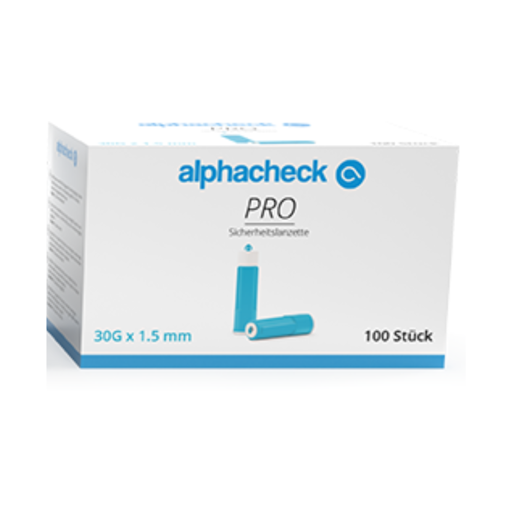 Eine Box mit der Aufschrift „Alphacheck PRO Sicherheitslanzetten, verschiedene Größen“ der Berger Med GmbH, die 100 Sicherheitslanzetten für Blutzuckertests bei Diabetikern enthält. Auf der Verpackung ist eine blaue Lanzette abgebildet und die Angabe „30G x 1,5 mm“, ideal zur kapillaren Blutgewinnung.