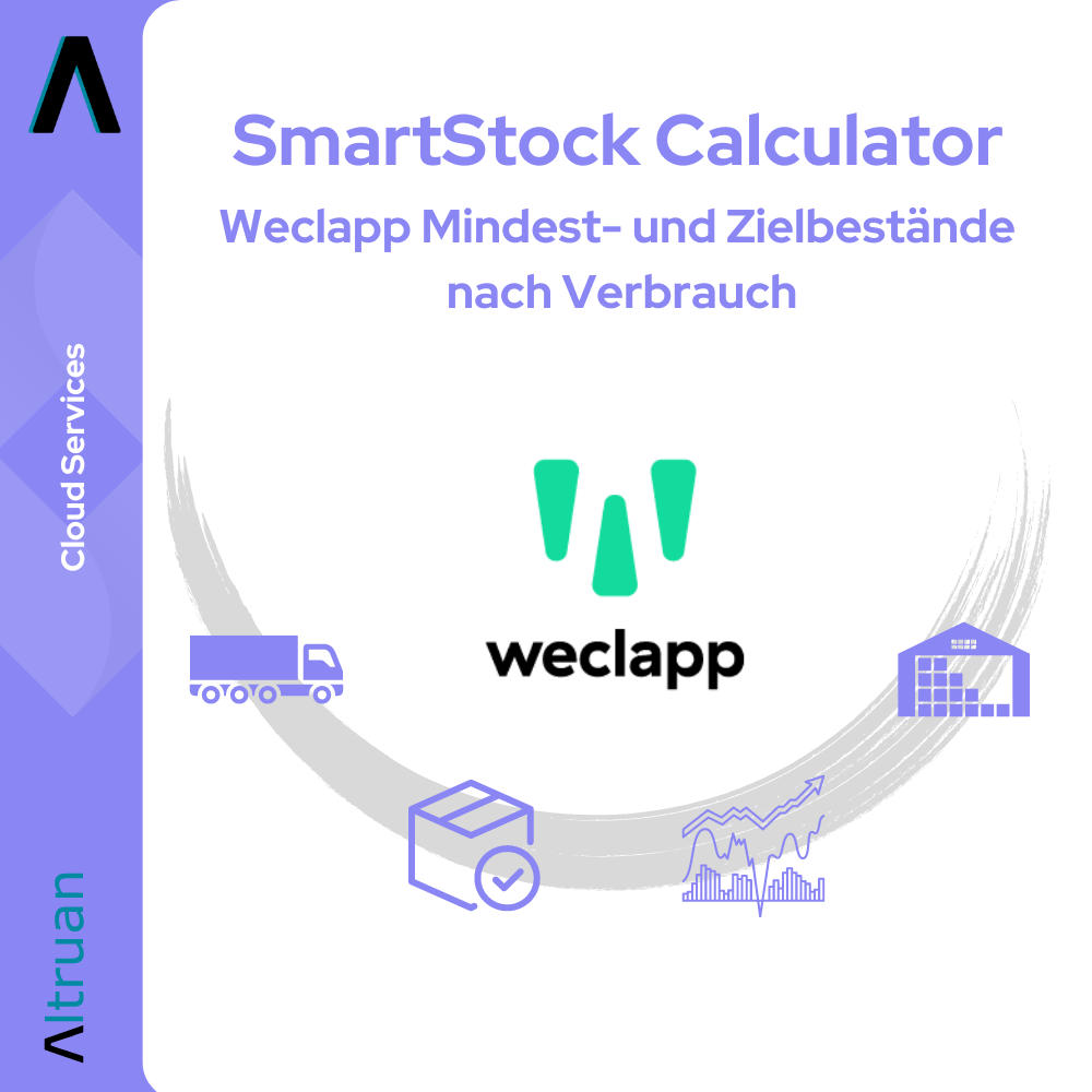Logo and advertising graphic for "SmartStock Calculator: Weclapp Minimum and Target Stock Calculator by Consumption" by Altruan with symbols of a truck, a gift box, and a diagram as symbols for inventory management against a light background.