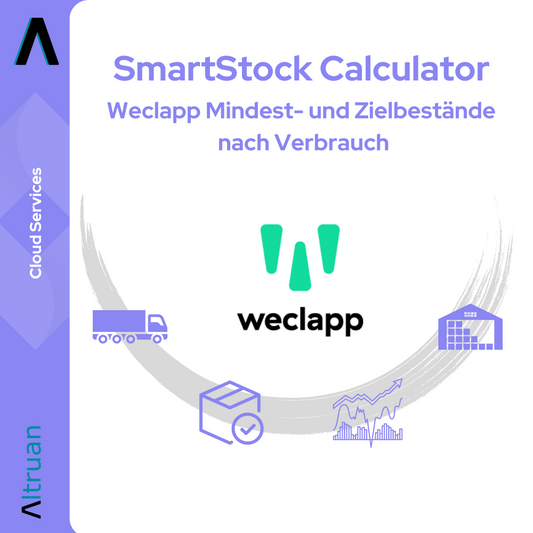 Logo und Werbegrafik für „SmartStock Calculator: Weclapp Mindest- und Zielbestandsrechner nach Verbrauch“ von Altruan mit den Symbolen eines LKWs, einer Geschenkbox und eines Diagramms als Symbol für die Bestandsverwaltung vor einem hellen Hintergrund.