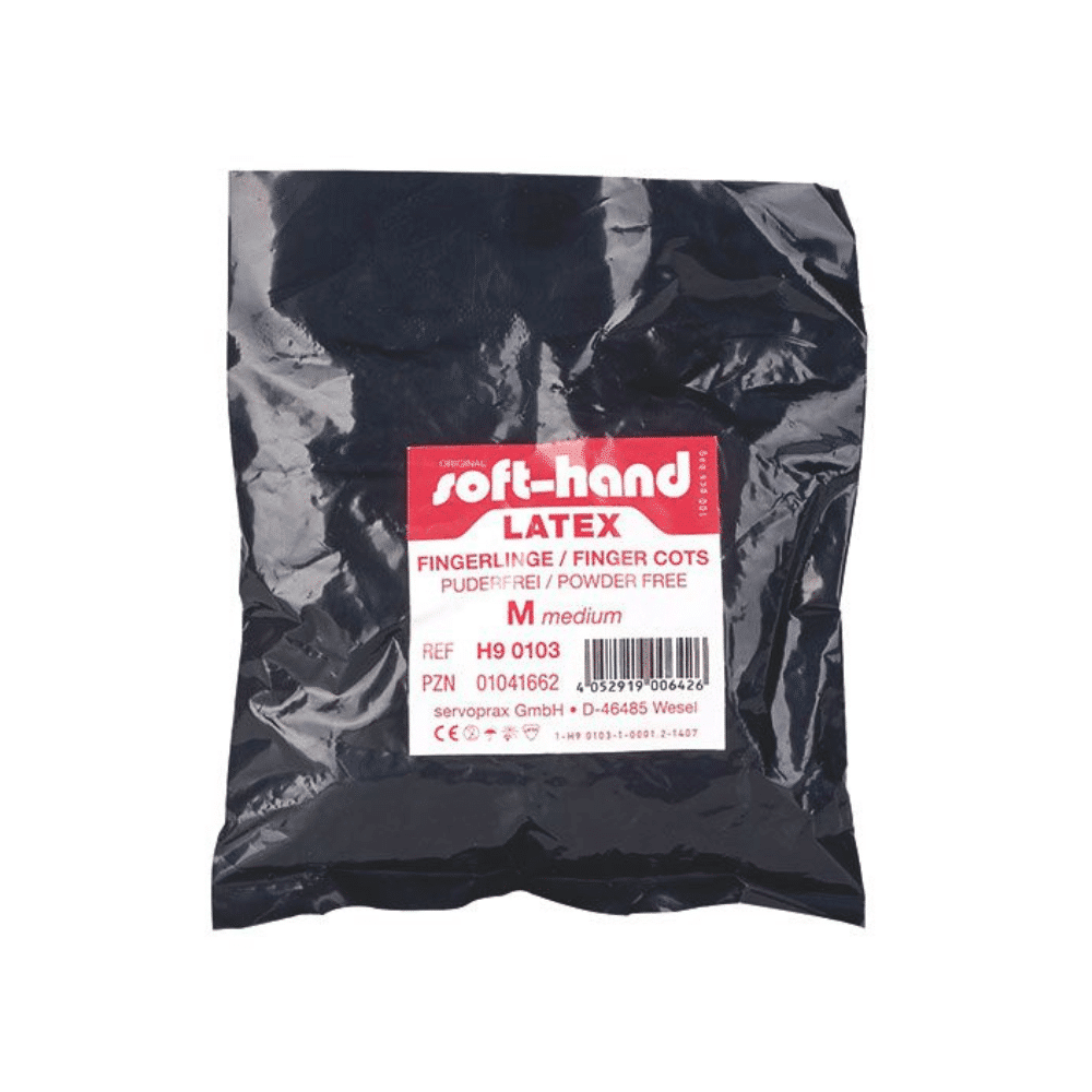 A package labeled “Soft-Hand latex finger cots, size 3 – 100 pieces” from Servoprax GmbH contains medium-sized, non-sterile finger cots. The packaging is black with a red and white label and is powder-free.