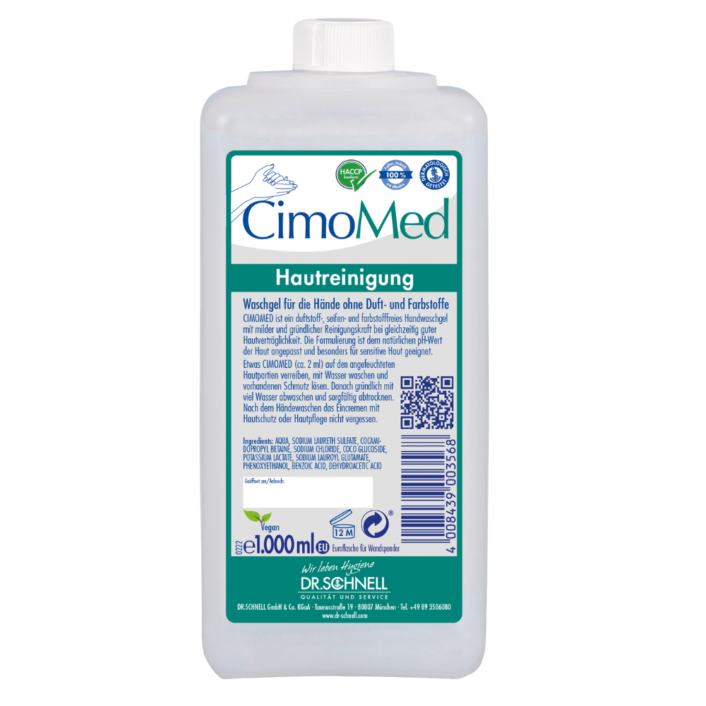 A 1000 ml white plastic bottle Dr. Schnell CIMOMED hand wash gel, fragrance and dye-free, for skin cleansing by DR.SCHNELL GmbH & Co. KGaA, ideal for sensitive skin with blue/green label, QR code, certifications & German instructions.