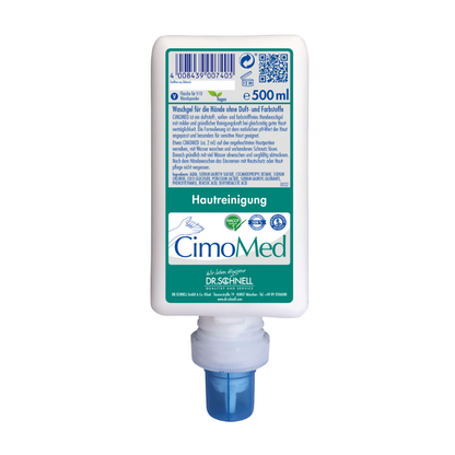 A 500 ml bottle Dr. Schnell CIMOMED hand wash gel by DR.SCHNELL GmbH & Co. KGaA, fragrance and dye-free for skin cleansing, with white German logo and blue dispenser - ideal for sensitive skin.