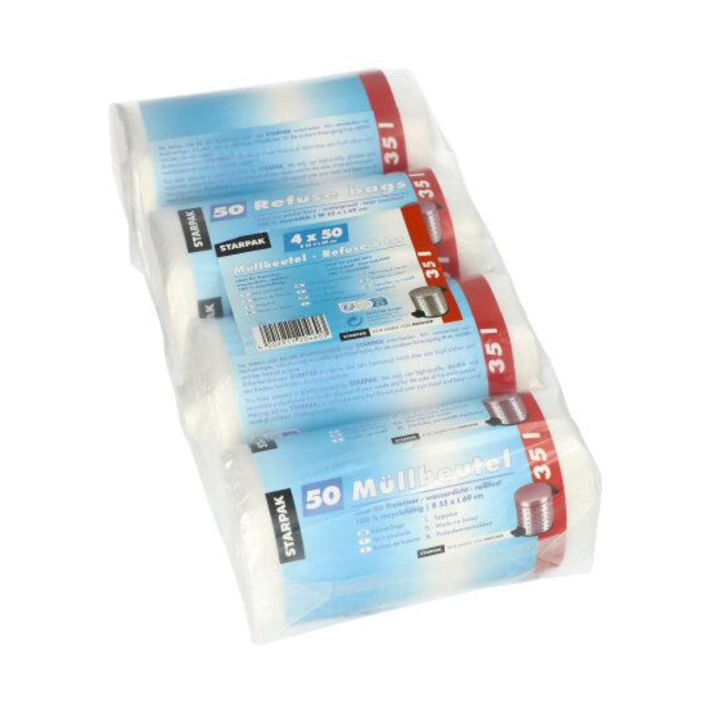 The product consists of four rolls with 35-liter garbage bags, each packaged in a transparent plastic sleeve. The label on each roll bears the text "Starpak" and "50 garbage bags," indicating that they are intended for home use.