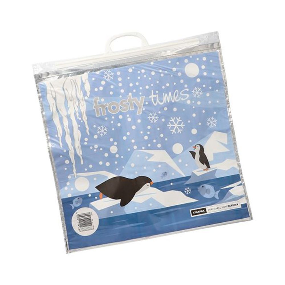 Die Starpak Tiefkühltragetasche ist eine blaue LDPE-Tasche mit Pinguinen auf Eis mit Schneeflocken, Eiszapfen, dem Satz „Frosty Times“, einem weißen Griff und einem Strichcode in der unteren linken Ecke.
