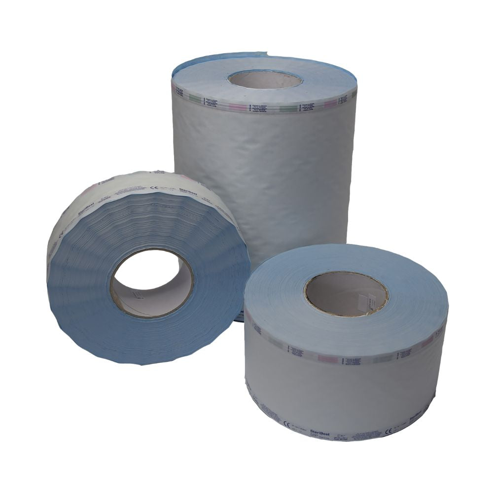 The display shows three large blue-white cylindrical rolls from MCD MEDICAL CARE DENTAL GmbH, including sterilization foil with steam and EO gas indicator, polypropylene/paper, suitable for FO sterilization. A larger roll is at the back, two smaller ones at the front.