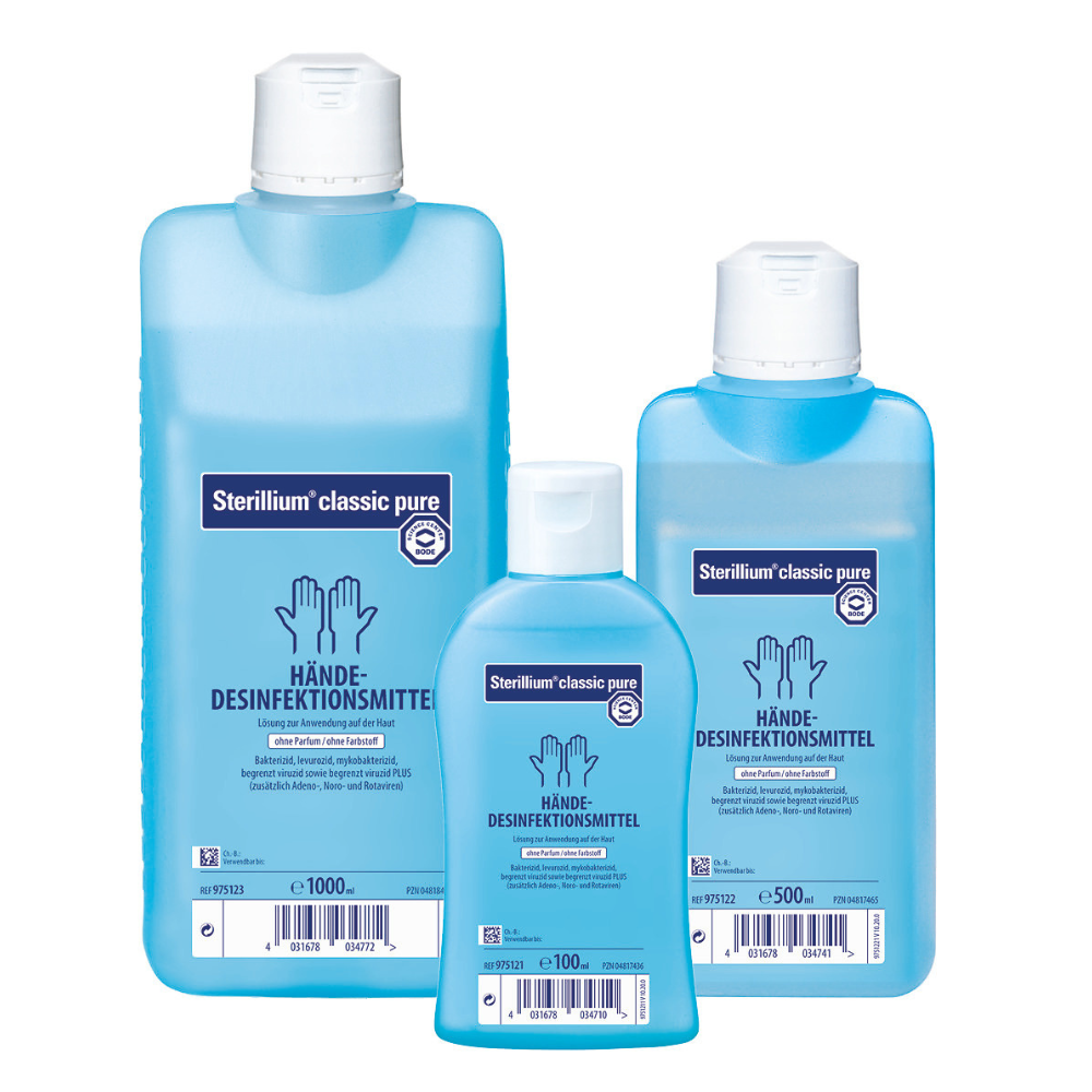 Three bottles of Hartmann Sterillium® pure hand disinfectant from Paul Hartmann AG in different sizes, arranged with the largest at the back. Each bottle is labeled in German and features a clear, blue design.