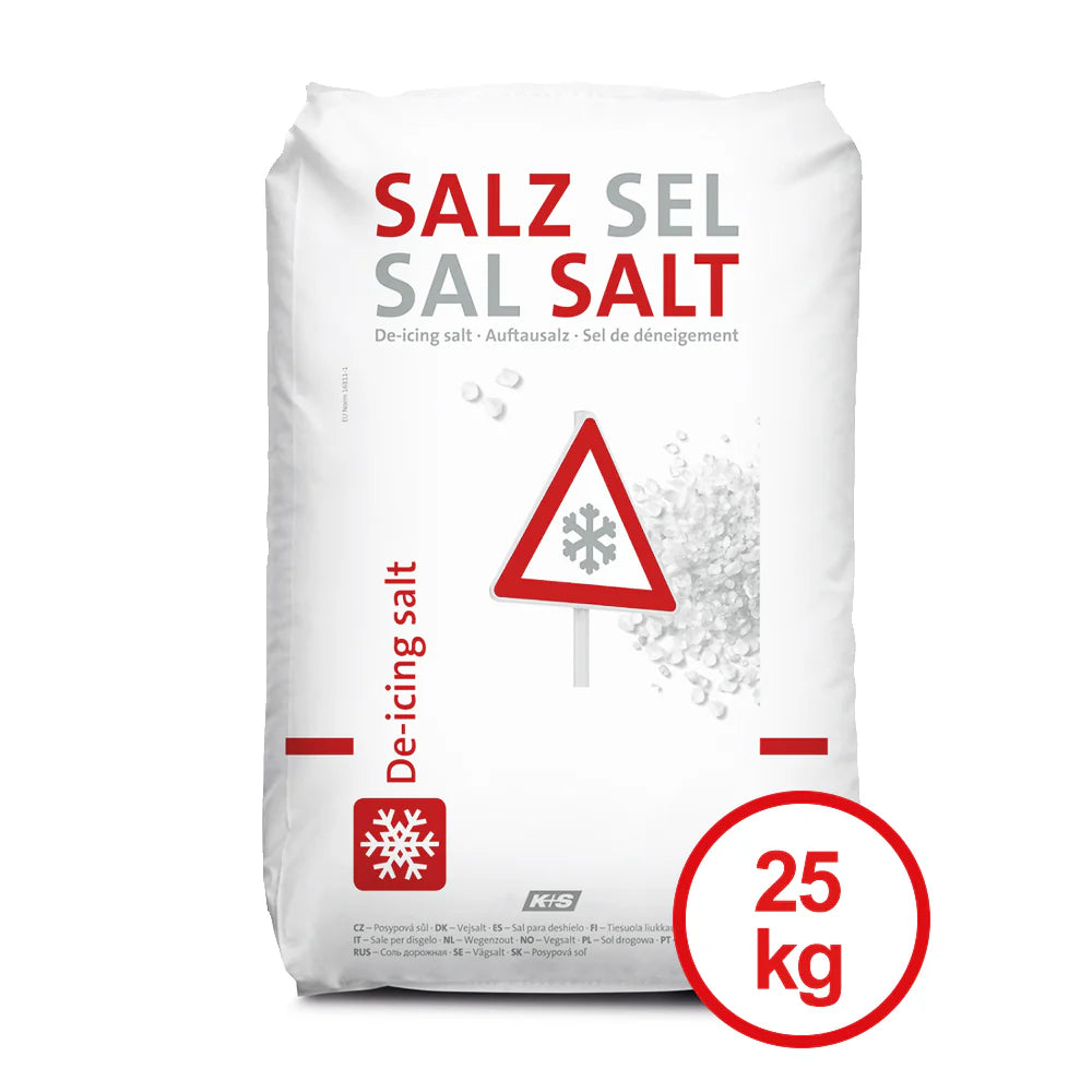 A 25 kg bag of rock de-icing salt from K+S AG, labeled in multiple languages – "Salz", "Sel", "Sal", and "Salt" – with a red triangle featuring a snowflake symbol and the text "Auftausalz" or "Streusalz". This product from K+S Minerals and Agriculture GmbH is ideal for winter service.