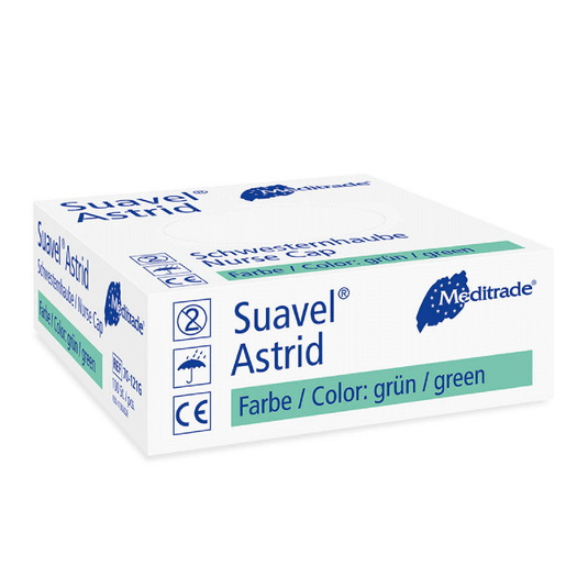 A box of Meditrade Suavel® Astrid surgical gloves for nurses from Meditrade GmbH. The packaging is mostly white and blue, although the text indicates that the gloves are green. Symbols indicate that the gloves are intended for single use.