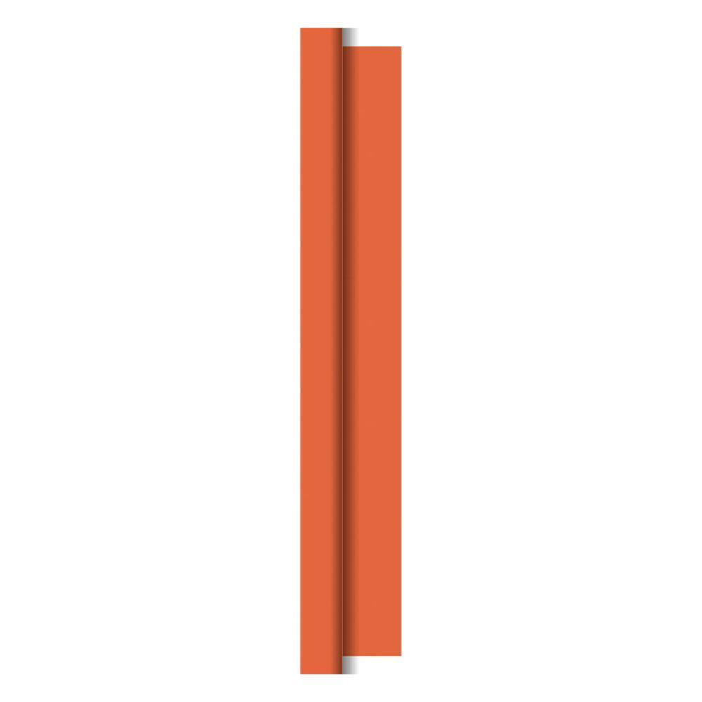 Ein vertikaler, rechteckiger orangefarbener Balken mit einer zentralen Rille, der an die flexiblen Dunicel-Tischdeckenrollen (1,18 m x 25 m) der Duni GmbH erinnert, vor einem schlichten weißen Hintergrund.