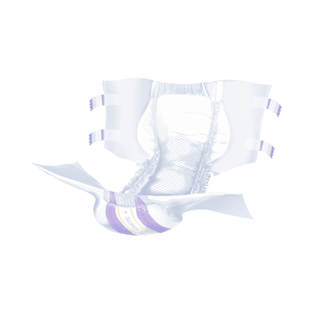 The Seni Optima Plus incontinence pads with waistband from TZMO Deutschland GmbH is shown open and features adjustable side flaps, a purple wetness indicator, an absorbent core, leg cuffs, and a comfortable waistband for a secure fit.