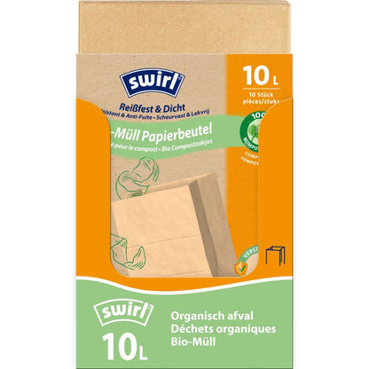 Eine Rolle Swirl Bio-Müll Papierbeutel 10 l Reißfest & Dicht von Melitta Europa GmbH & Co. KG enthält 10 stabile, kompostierbare Papierbeutel für Bioabfälle, mit mehrsprachigem Text und einer Kohlillustration.