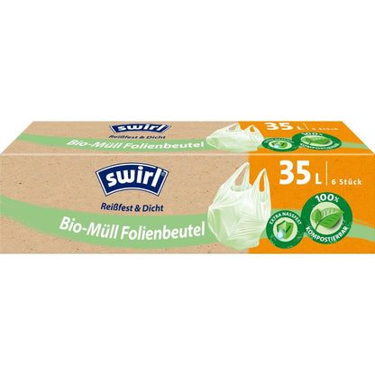 A box of Swirl organic waste film bags with carrying handle 35 l from Melitta Europa GmbH & Co. KG contains 6 tear-resistant, leak-proof compostable bags (German labeling) with environmental symbols for environmentally friendly disposal.