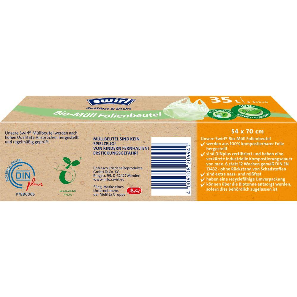 Verpackung für Swirl Bio-Müll Folienbeutel mit Tragegriff 35 l Reißfest & Dicht quer | Rolle (6 Beutel) von Melitta Europa GmbH & Co. KG mit Produktinfos, Anwendungstipps, Kompostierbarkeitslogos, deutschen Warnhinweisen, im grün/braunen Design.