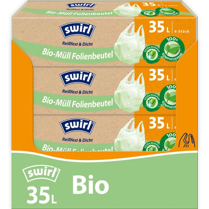 Six Swirl organic waste film bags with carrying handle 35l from Melitta Europa GmbH & Co. KG come tear-resistant and sealed on a roll, in a green-orange box for compostability and environmentally friendly disposal.
