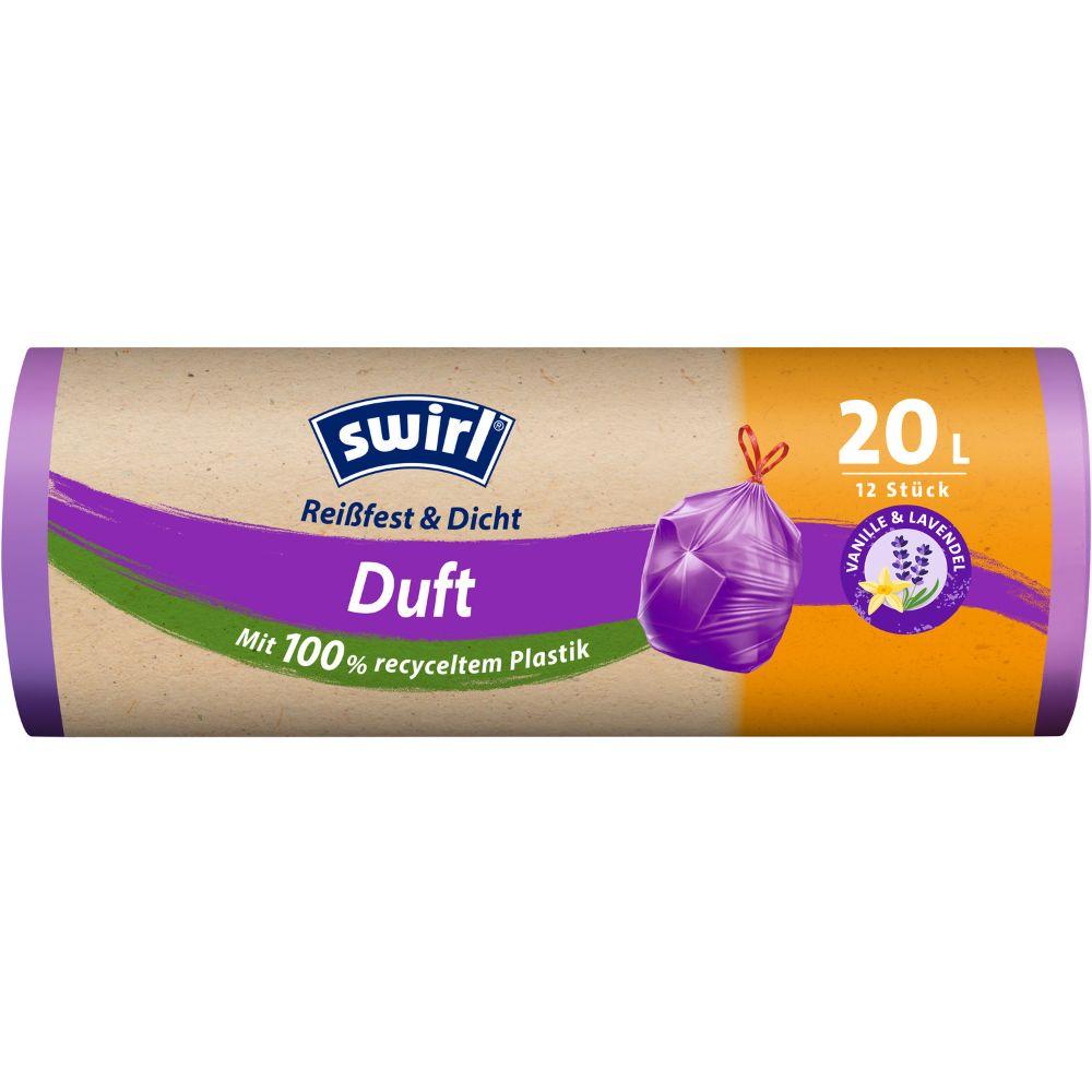 The Swirl scented garbage bags Vanilla-Lavender 20 l Tear-resistant & Leak-proof by Melitta Europa GmbH & Co. KG offers 12 recycled plastic bags per roll in purple-orange packaging with vanilla-lavender scent.