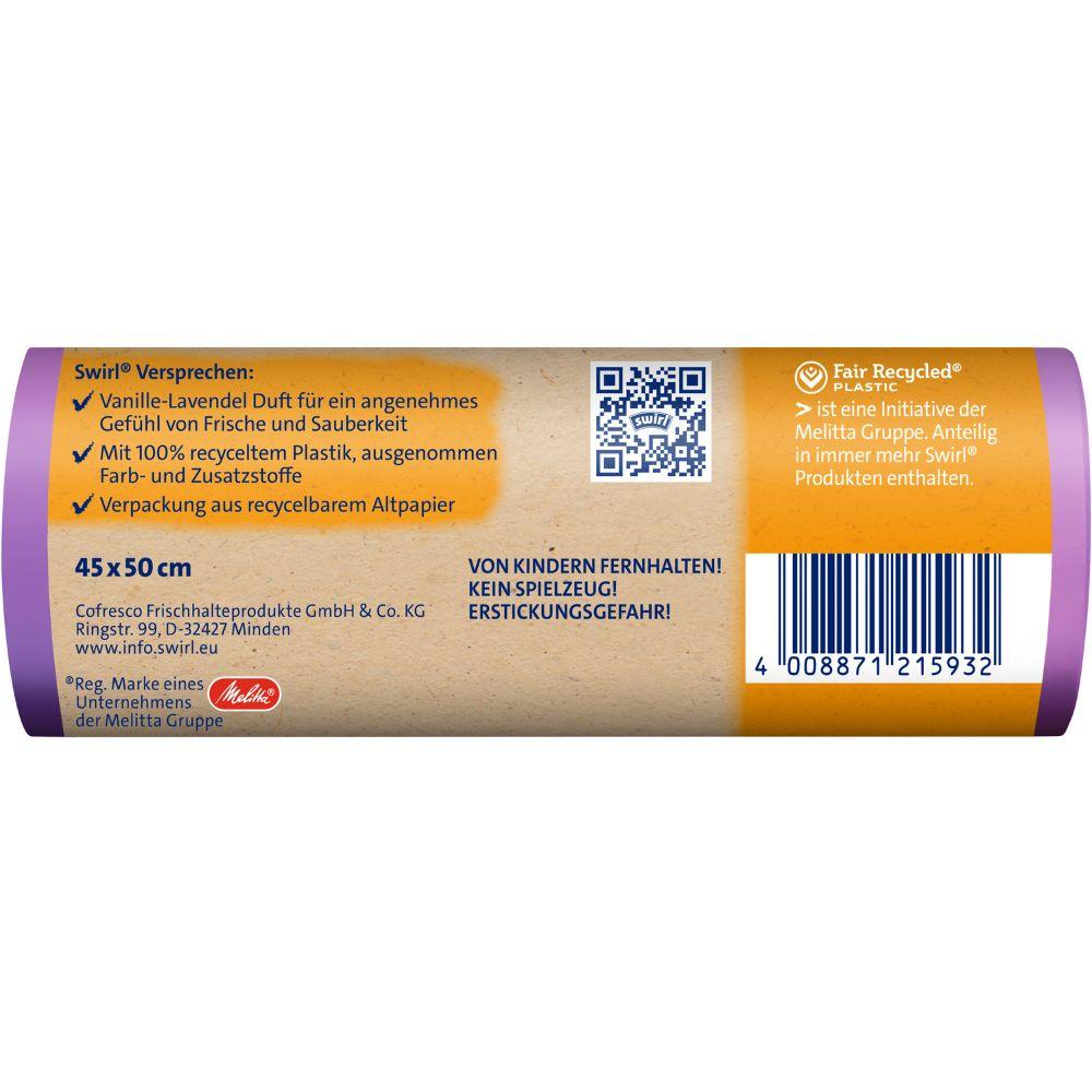 Nahaufnahme einer zylindrischen Swirl Duft-Müllbeutel Vanille-Lavendel 20 l Packung von Melitta, orange/gelb/lila mit deutschem Etikett mit Merkmalen (45x50 cm, 12 Beutel, reißfest & dicht), Sicherheitshinweisen, Barcode – hergestellt aus recyceltem Plastik.