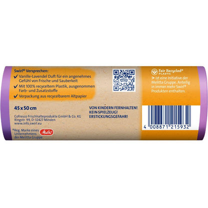 Close-up of a cylindrical Swirl scented garbage bags Vanilla-Lavender 20 l pack by Melitta, orange/yellow/purple with German label featuring characteristics (45x50 cm, 12 bags, tear-resistant & leak-proof), safety instructions, barcode – made from recycled plastic.
