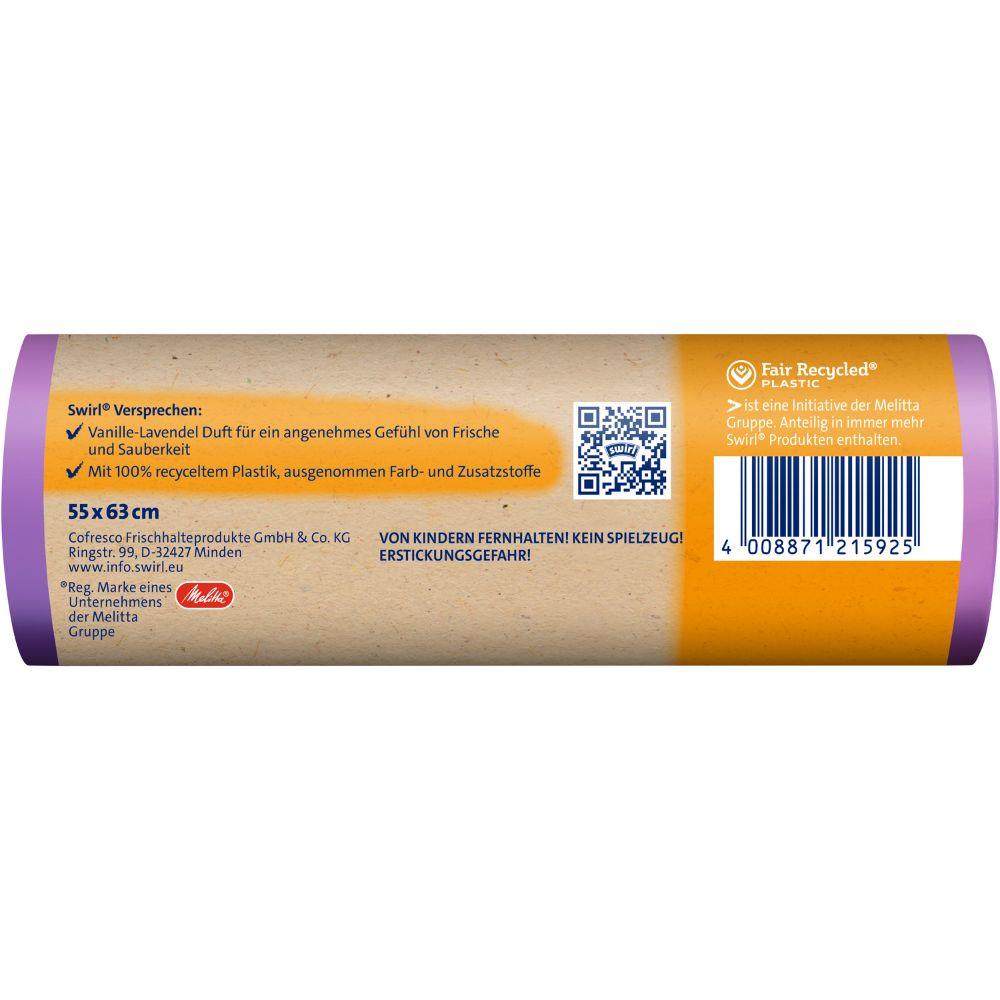Eine zylindrische Packung der Melitta Europa GmbH & Co. KG enthält Swirl Duft-Müllbeutel Vanille Lavendel 35 l (9 Beutel, reißfest und auslaufsicher) mit deutschem Etikett, Barcode, Recyclinginformationen und dem Hinweis „100 % recycelter Kunststoff“.