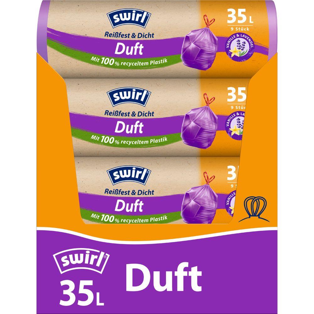 Drei Rollen Swirl Duft-Müllbeutel Vanille Lavendel von Melitta Europa GmbH & Co. KG mit je 9 Beuteln (35L) sind reißfest, auslaufsicher und bestehen aus 100 % Recycling-Kunststoff mit erfrischendem Vanille-Lavendel-Duft.