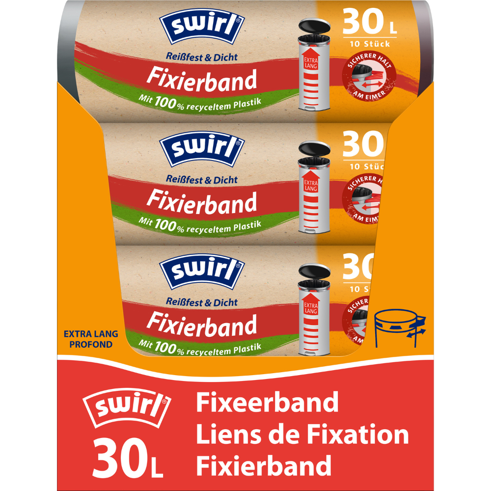 Eine Packung Swirl Fixierband-Müllbeutel XL 30 l extra lang der Melitta Europa GmbH & Co. KG enthält drei Rollen mit je 10 Beuteln (30 l) aus 100 % recyceltem Kunststoff. Die Verpackung ist mit deutschen, französischen und englischen Texten versehen.