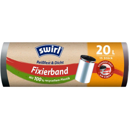 The Swirl fixing tape garbage bag 20 l Tear-resistant & Sealed by Melitta Europa GmbH & Co. KG comes in a roll of 15 with a brown-orange label, tear-resistant film, made from recycled plastic and with a garbage can motif.