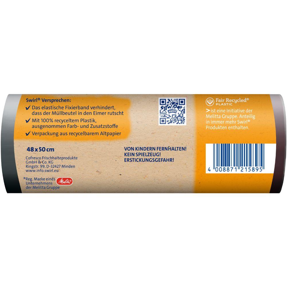 Rückansicht des Swirl Fixierband-Müllbeutels 20 l Reißfest & Dicht von Melitta Europa GmbH & Co. KG: Kunststoffrolle mit deutschem Text auf reißfeste Folie mit detaillierten Funktionen, Recyclinginformationen, QR-Code, Barcode, Logos und einem Kindersicherheitshinweis.