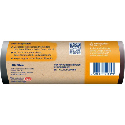 Rückansicht des Swirl Fixierband-Müllbeutels 20 l Reißfest & Dicht von Melitta Europa GmbH & Co. KG: Kunststoffrolle mit deutschem Text auf reißfeste Folie mit detaillierten Funktionen, Recyclinginformationen, QR-Code, Barcode, Logos und einem Kindersicherheitshinweis.