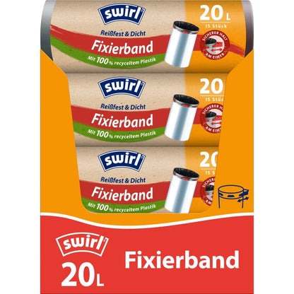 Three rolls of Swirl fixing tape garbage bag 20 l Tear-resistant & Sealed by Melitta Europa GmbH & Co. KG with 15 bags each in orange and green packaging, made from 100% recycled plastic and equipped with tear-resistant film.