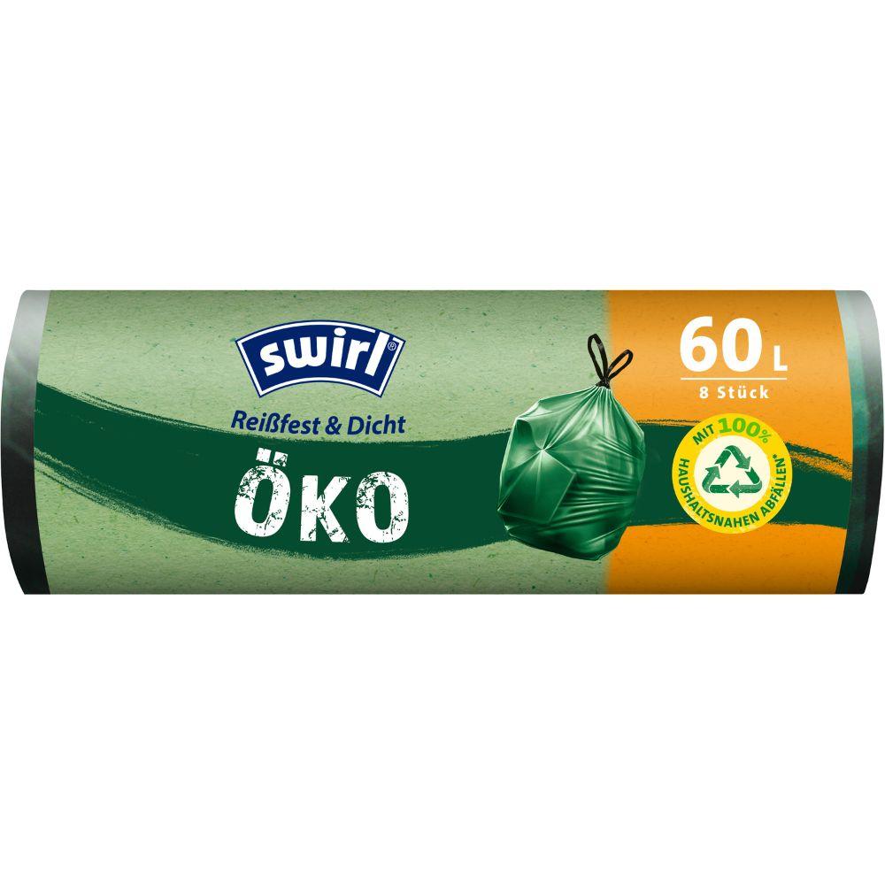 Der Swirl Öko-Müllbeutel mit Zugband 60 l von Melitta Europa GmbH & Co. KG bietet 8 starke, auslaufsichere Beutel pro Rolle, aus 100 % pflanzlichem Material mit reißfester 3-Schicht-Folie und umweltfreundlichem Design.