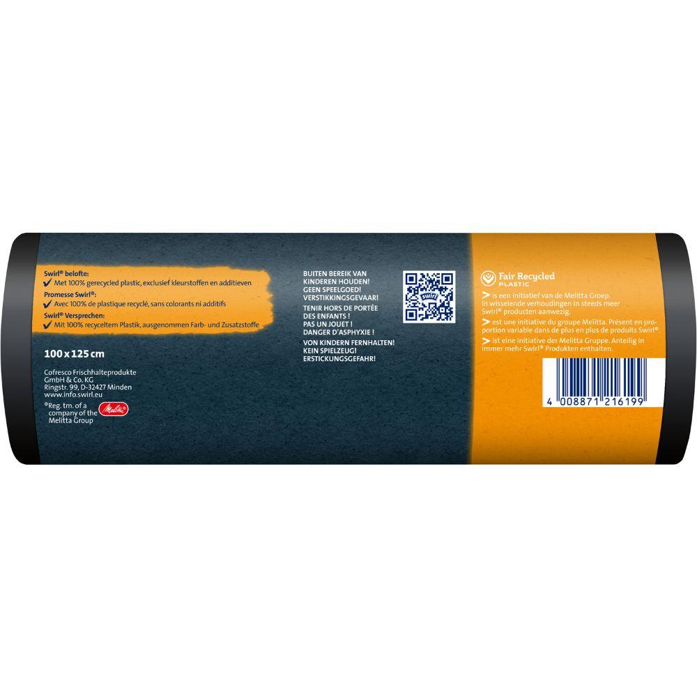 Eine Rolle Swirl Schwerlast-Säcke Profi mit Zugband (240 l, 5 Beutel) von Melitta Europa GmbH & Co. KG, hergestellt aus 100 % recyceltem Kunststoff, mit niederländischem/deutschem Etikett (100 x 125 cm), Recycling-Symbolen, Barcode, QR-Code und „reißfest“.