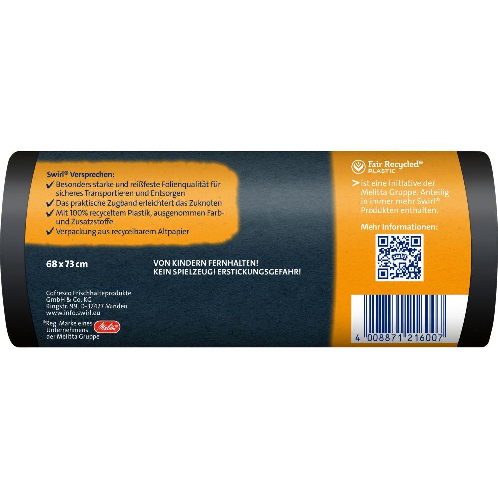 Ein Etikett auf Deutsch für den Swirl Schwerlast-Säcke Profi mit Zugband 60 l (12 Beutel) der Melitta Europa GmbH & Co. KG zeigt Merkmale wie extrem reißfest 100 % recyceltes Plastik, Recycling-Informationen, Kinderwarnungen, Größe 68x73 cm und einen Barcode auf Schwarz.