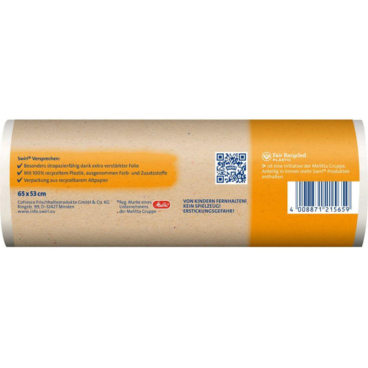 Eine zylindrische Rolle Swirl Tragegriff-Müllbeutel 35l von Melitta Europa GmbH & Co. KG in Braun und Orange, mit deutschem Text, Recyclingsymbolen, Barcode, Produktdetails (65 x 53 cm) und der Hervorhebung umweltfreundliche Müllbeutel aus recyceltem Plastik.