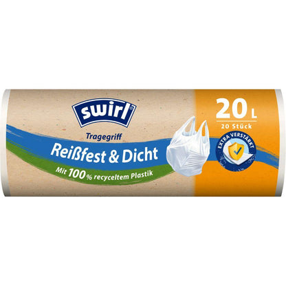Eine Rolle Melitta Europa GmbH & Co. KG Swirl Tragegriff-Müllbeutel 20 l Reißfest & Dicht, 20 Beutel pro Packung, besteht zu 100 % aus recyceltem Kunststoff und ist auf der Verpackung mit einem weißen Müllbeutelbild versehen, das als „umweltfreundlich“ hervorgehoben ist.