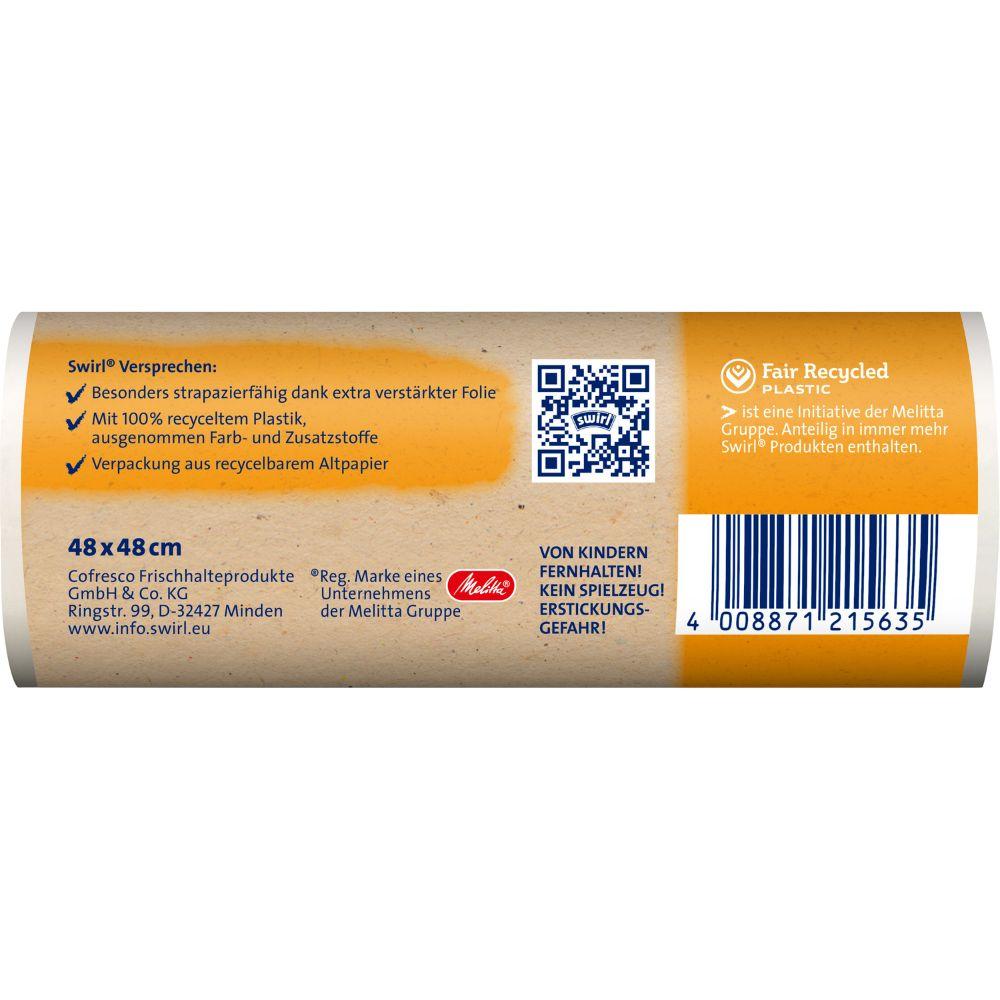 Das Bild zeigt das Rückenetikett des Swirl Tragegriff-Müllbeutels 20 l (20 Beutel) von Melitta mit Recyclinginformationen, QR-Code, Angaben zu 100 % recyceltem Kunststoff, Größe (48 x 48 cm) und Warnhinweisen in deutscher Sprache auf orange-beigem Hintergrund.