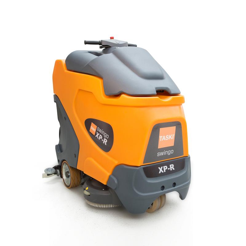 The TASKI swingo XP R from Diversey Deutschland GmbH & Co. OHG is an orange/gray, battery-operated scrubber-dryer with rider principle, ideal for large areas, incl. 4x 6V-180Ah battery and integrated charger.
