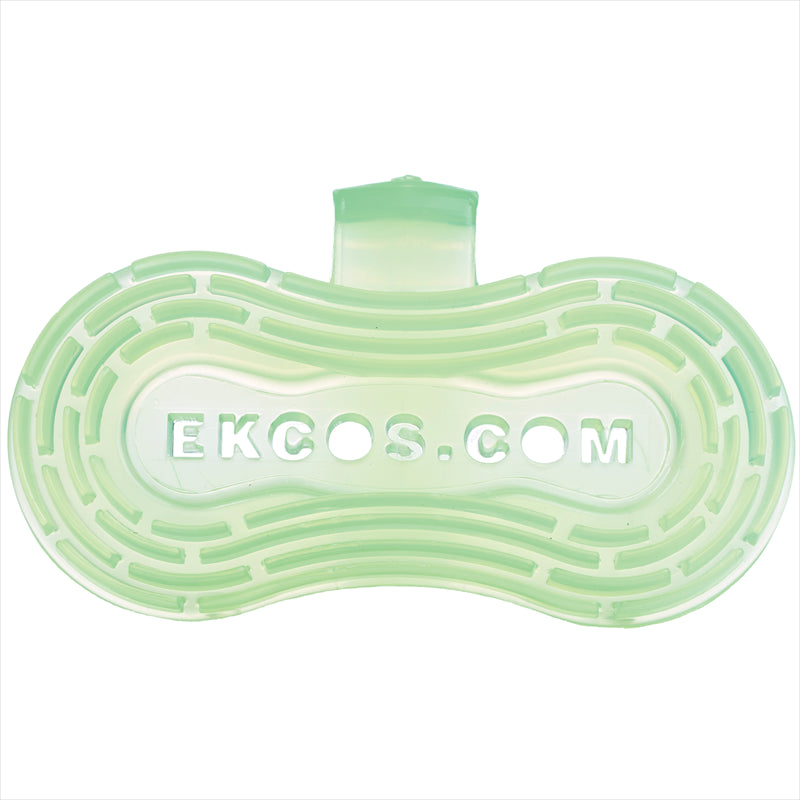 Der Ekco Clip Lufterfrischer Grün Apple von Diversey Deutschland GmbH & Co. OHG ist ein grüner Toilettenschüssel-Lufterfrischer mit frischem Grün Apple Duft, Packung à 10 Stück, mit erhabenem Rillenmuster und "EKCOS.COM"-Ausschnitt in der Mitte.