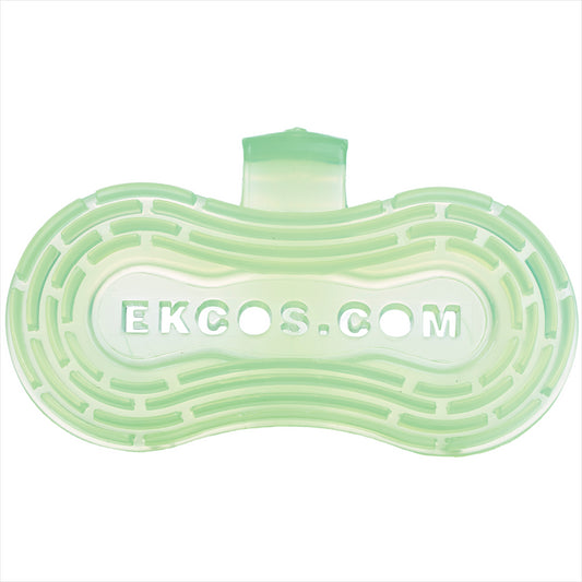 Der Ekco Clip Lufterfrischer Grün Apple von Diversey Deutschland GmbH & Co. OHG ist ein grüner Toilettenschüssel-Lufterfrischer mit frischem Grün Apple Duft, Packung à 10 Stück, mit erhabenem Rillenmuster und "EKCOS.COM"-Ausschnitt in der Mitte.