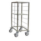 The Novocal tray cart in an open design with 1 row features a robust stainless steel frame and support rails, four bumpers, and is ideal for tray transport in clinical facilities. Delivered as one piece per package by Novocal.