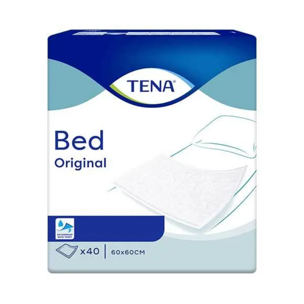 Das Bild zeigt eine Packung TENA Bed Original Bettschutzunterlagen von Essity Germany GmbH. Die Packung zeigt ein blau-weißes Design mit dem TENA-Logo oben und einer Abbildung einer Unterlage auf einem Bett. Der Text besagt, dass die Unterlagen 60 x 60 cm groß sind, ideal für die Behandlung von unfreiwilligem Urinverlust, und dass die Packung 40 Unterlagen enthält.