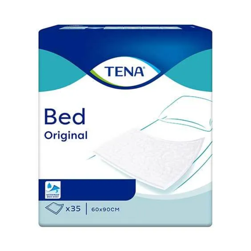 Das Bild zeigt eine Packung TENA Bed Original Bettschutzunterlagen von TENA (Essity Germany GmbH) zur Behandlung von unfreiwilligem Urinverlust. Die Packung ist in Blau und Türkis gestaltet und zeigt ein Bettbild mit einer Einweg-Bettunterlage. Die Größe ist mit 60 x 90 cm angegeben und enthält 35 Stück.