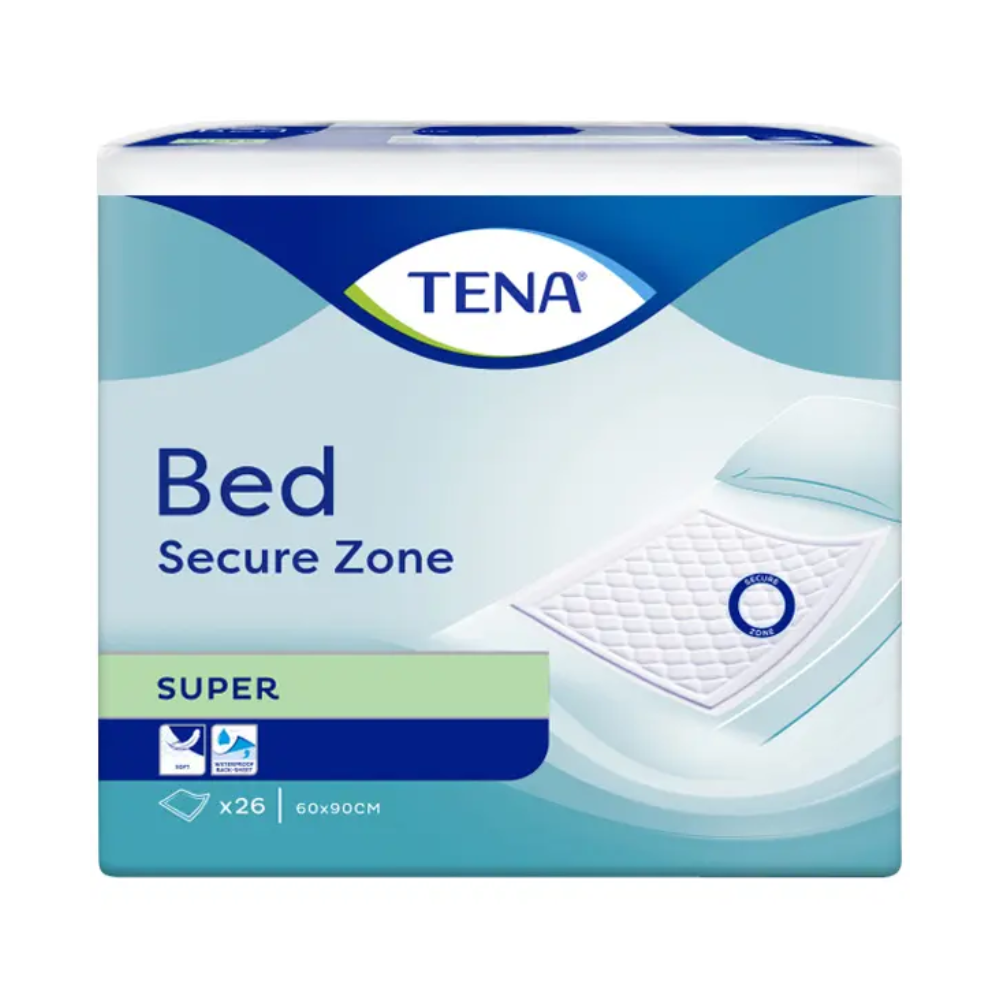 Eine Packung TENA Bed Super Bettschutzunterlagen Inkontinenzeinlagen von TENA (Essity Germany GmbH). Die blau-weiße Verpackung zeigt ein Bild des Produkts – eine gesteppte Unterlage auf einem Bett. Es sind Abmessungen (60 x 90 cm) und Menge (26 Einlagen) angegeben. Das TENA Bed-Logo ist oben in der Mitte gut sichtbar und hebt das Bettschutz-Design hervor.